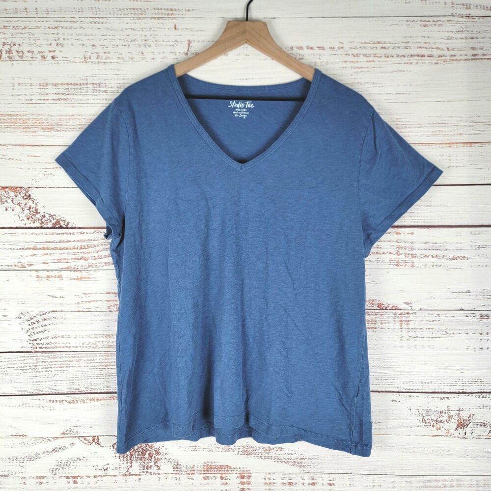 J Crew Women's Sz 2XL 100% Cotton Blue V Neck Short Sleeve Pullover Tee Top